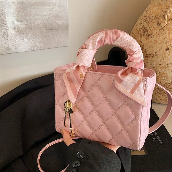 Pink Vintage Women's Diamond Grid Crossbody Handbag - Picture 6 of 10